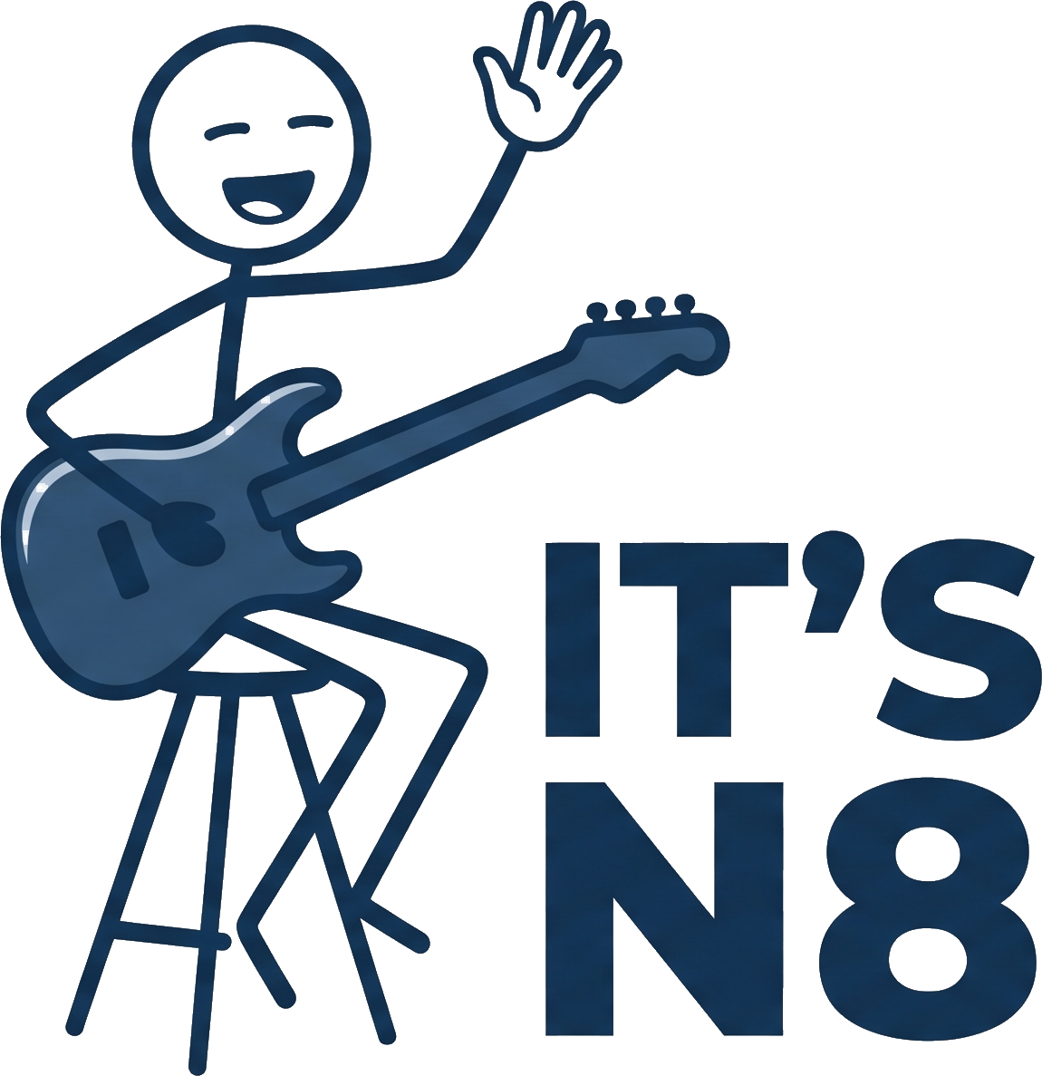 It's N8 — a stick figure sitting on a stool with a guitar, waving